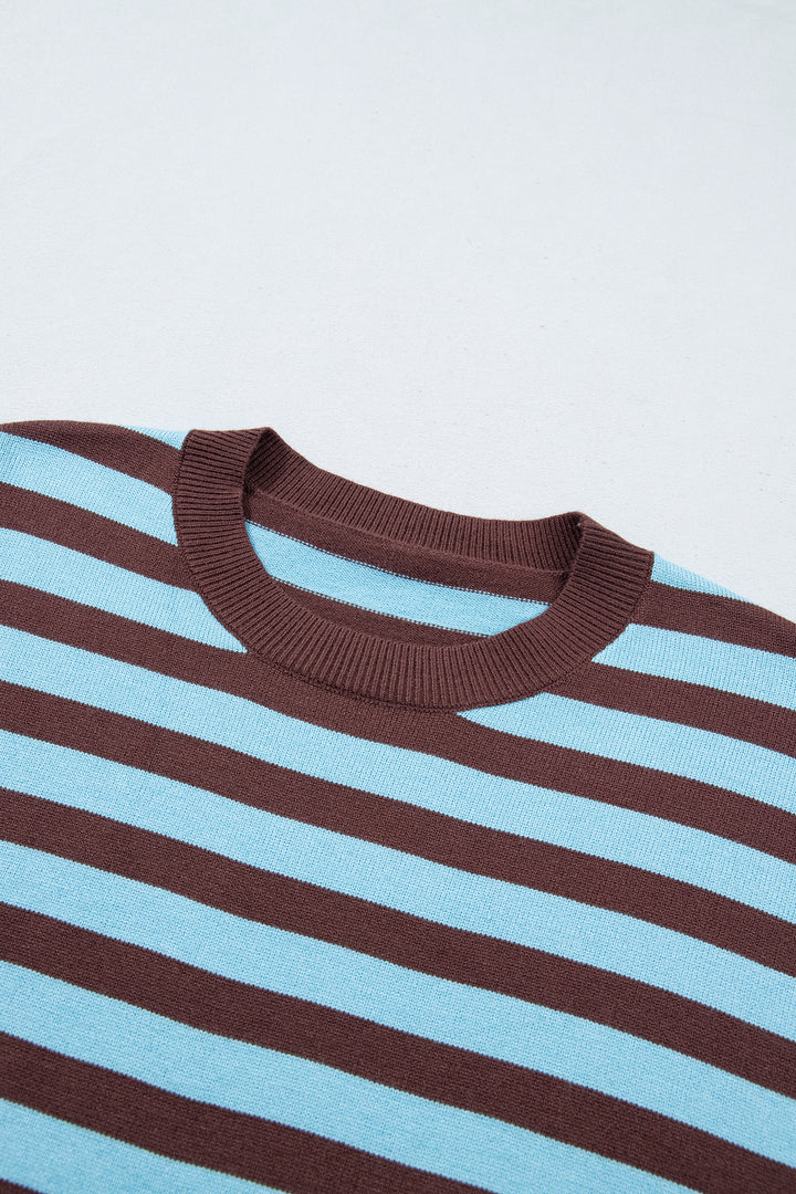 Brown Stripe Color Block Loose Crew Neck Cuffed Sweater