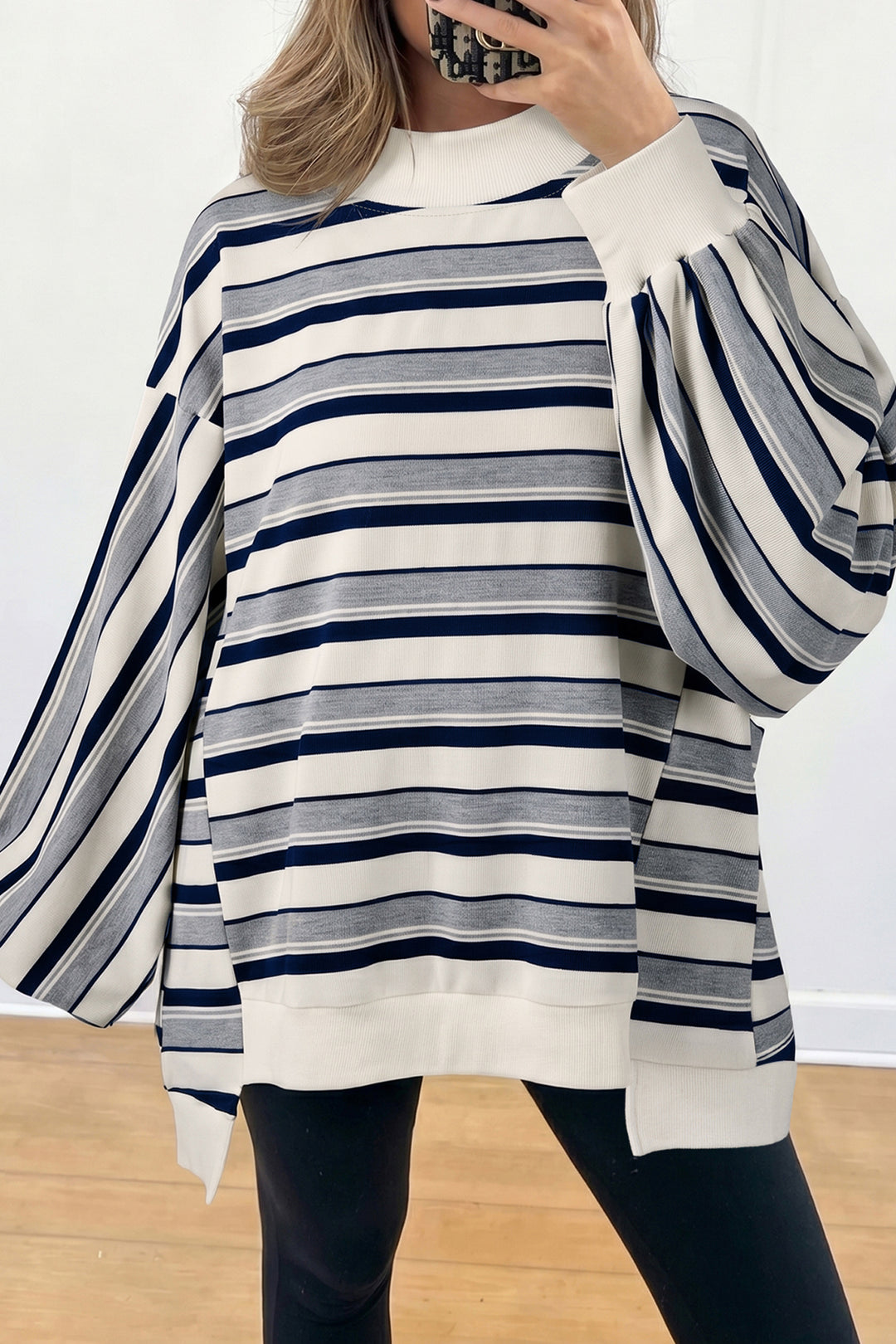 Blue Stripe Striped Ribbed Stand Neck Long Sleeve Shift Silhouette Sweatshirt
