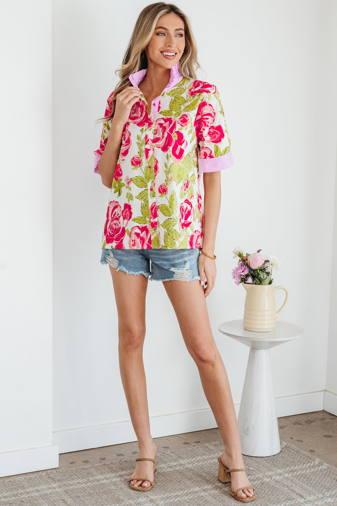 Pink Flower Print Striped Trim Frilled Collar Short Sleeve Shirt