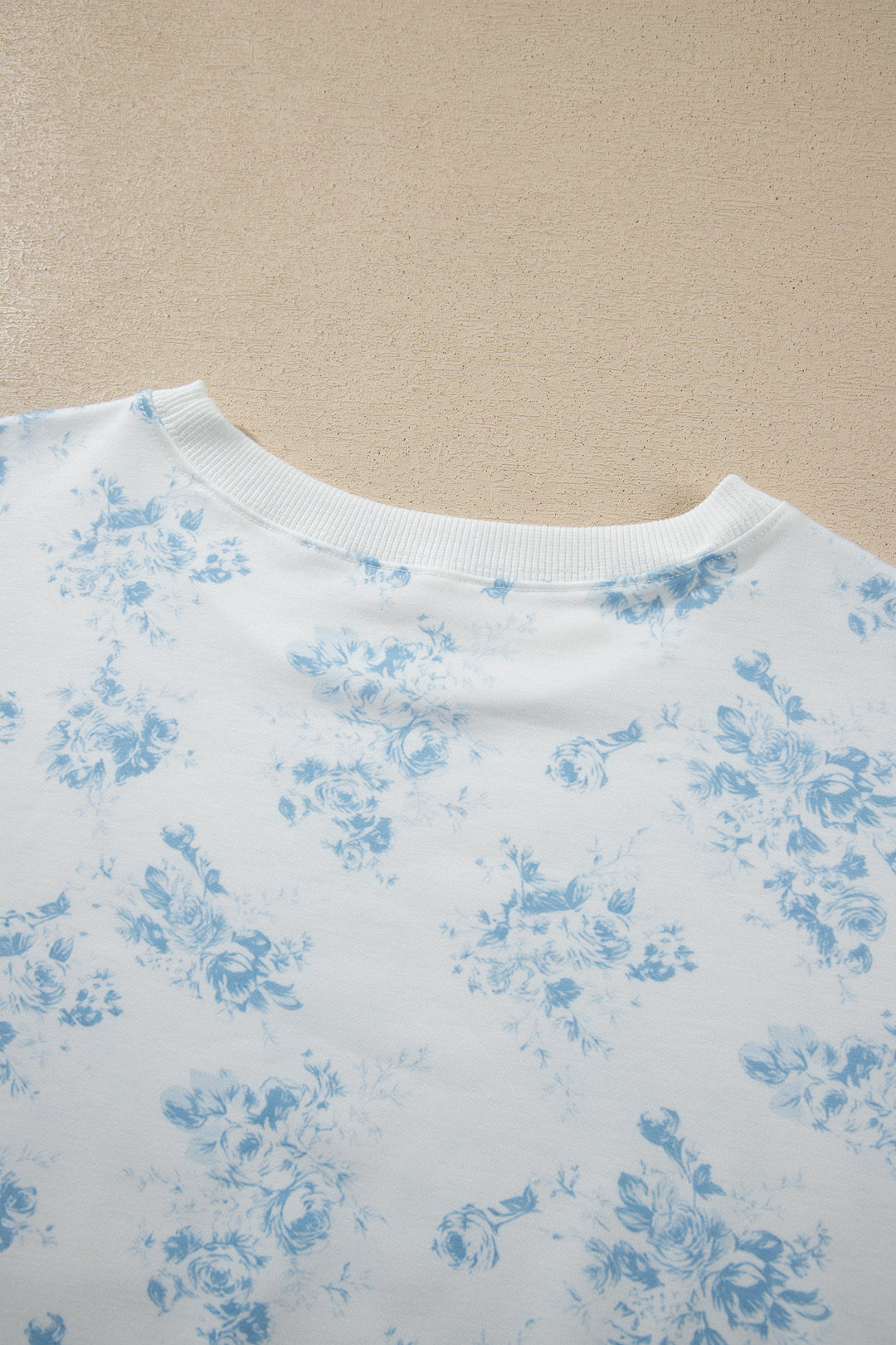 Sky Blue Floral Print Striped Detail Long Sleeve Top Ruffle Hem Shorts 2pcs Set