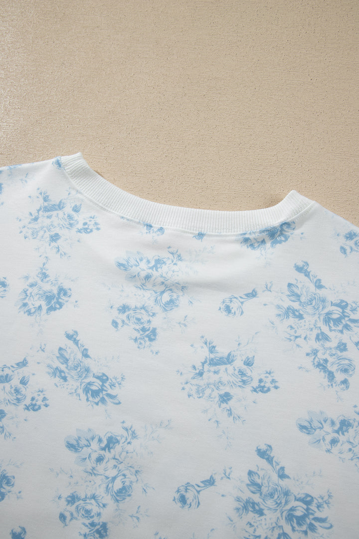 Sky Blue Floral Print Striped Detail Long Sleeve Top Ruffle Hem Shorts 2pcs Set