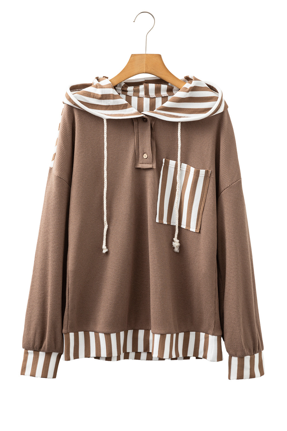 Straw Yellow Waffle Texture Striped Patchwork Button Neck Drawstring Hoodie