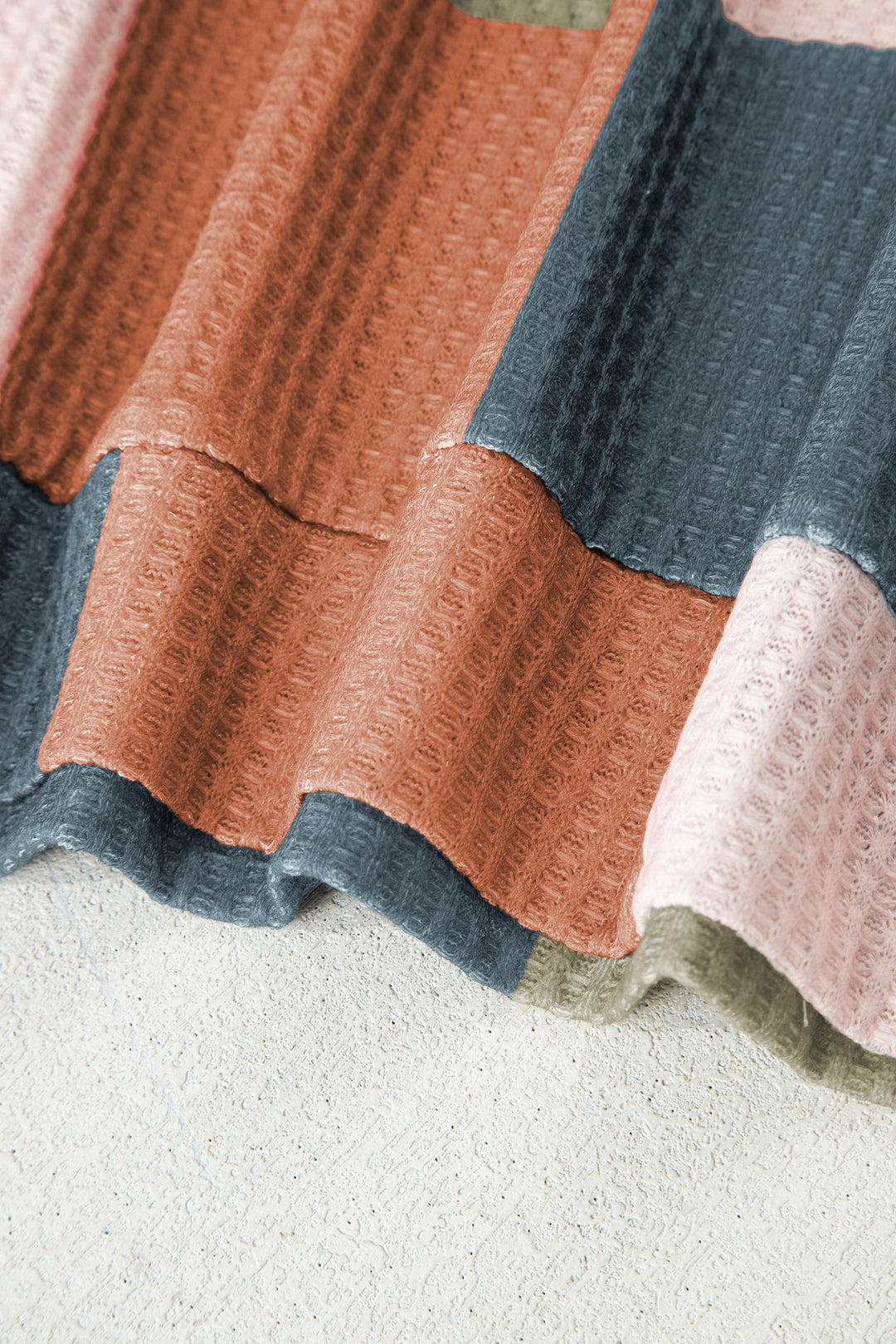 Green Checkered Print Textured Knit Long Sleeve Loose Top