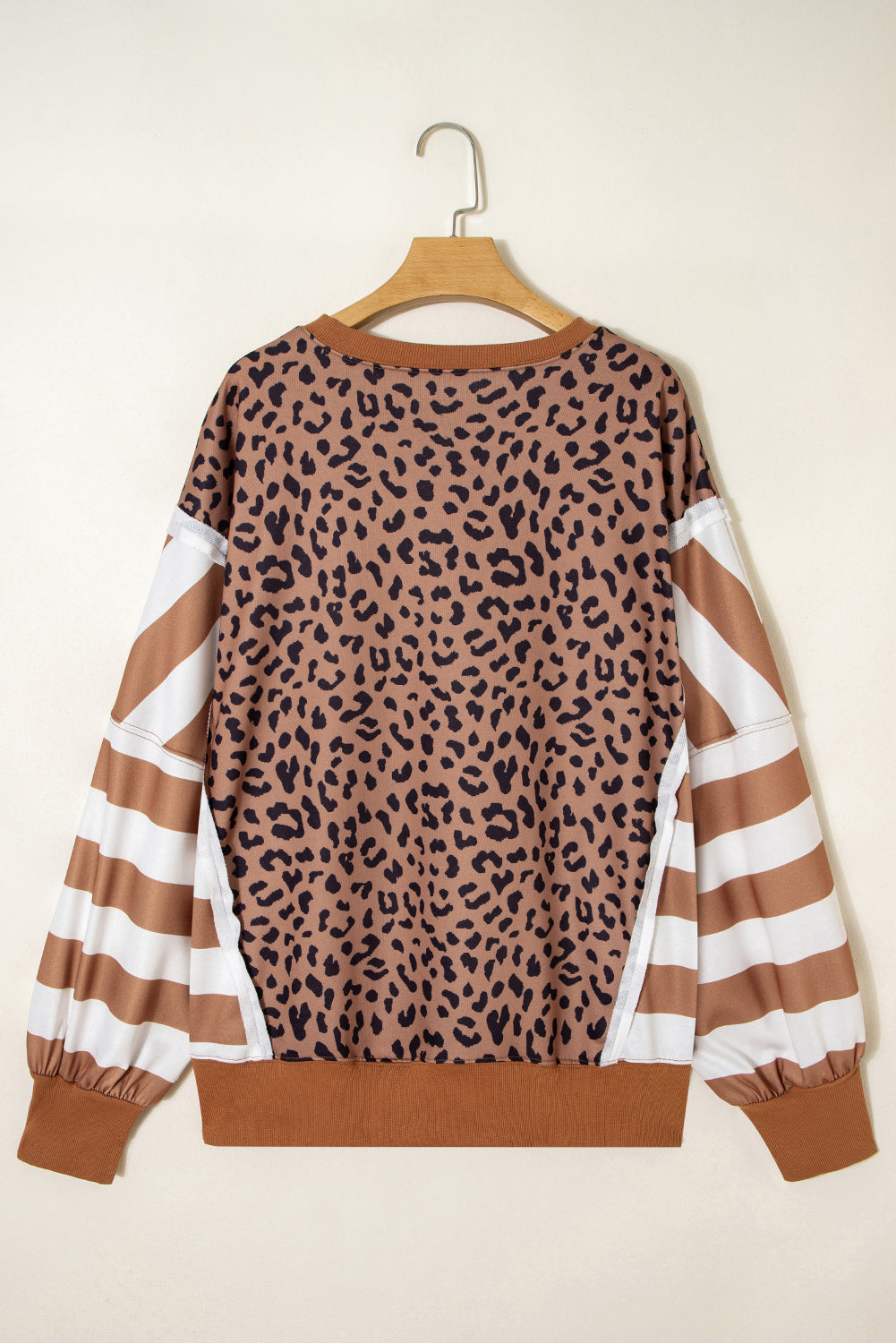 Khaki Leopard Striped Patchwork Plus Size Loose Sweatshirt