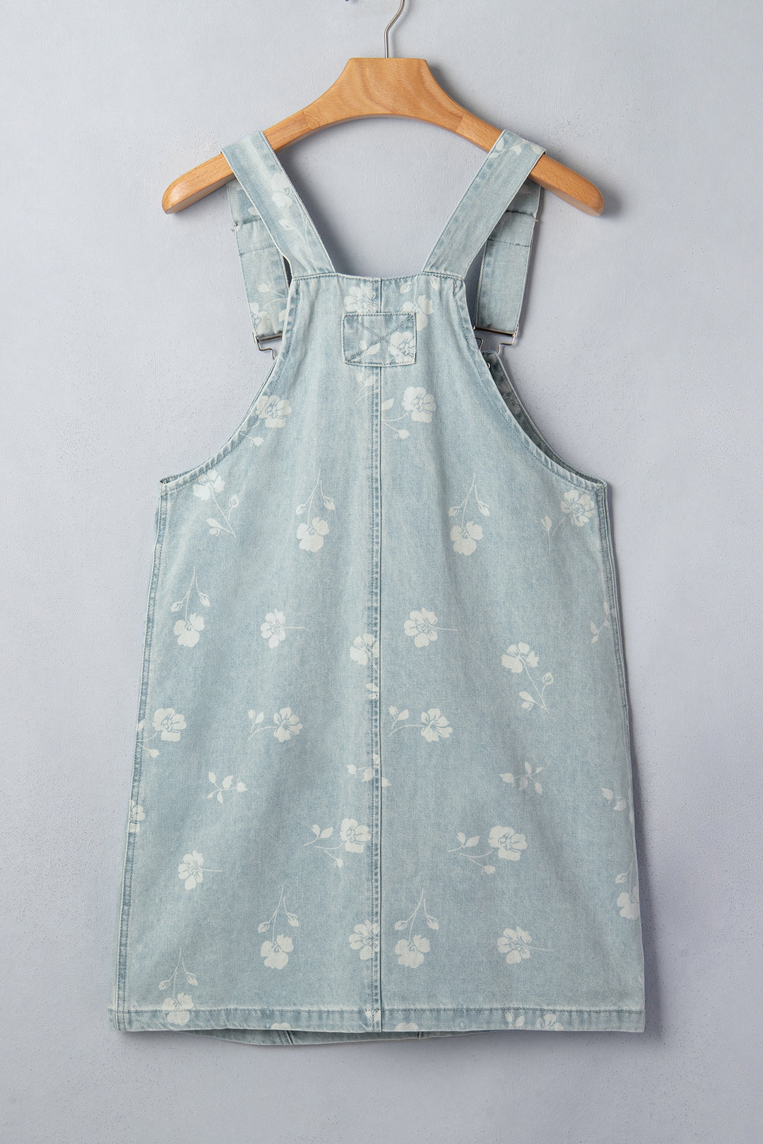 Sky Blue Retro Wash Denim Floral Print Overall Mini Dress