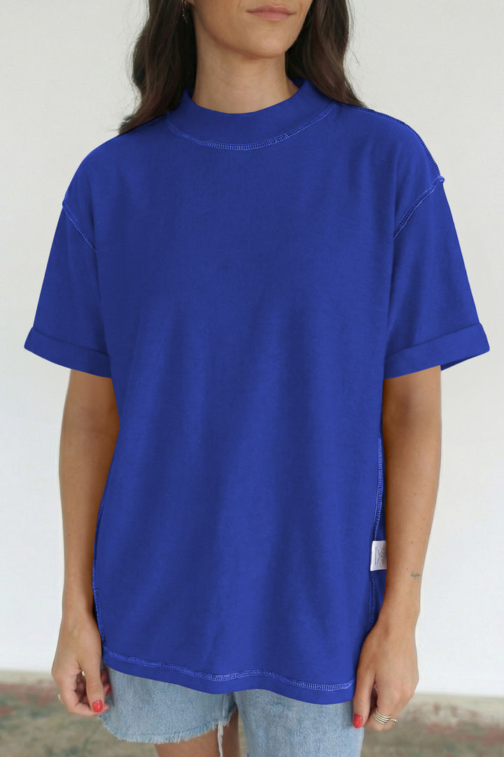 Black Solid Color High Neck Oversize Tee