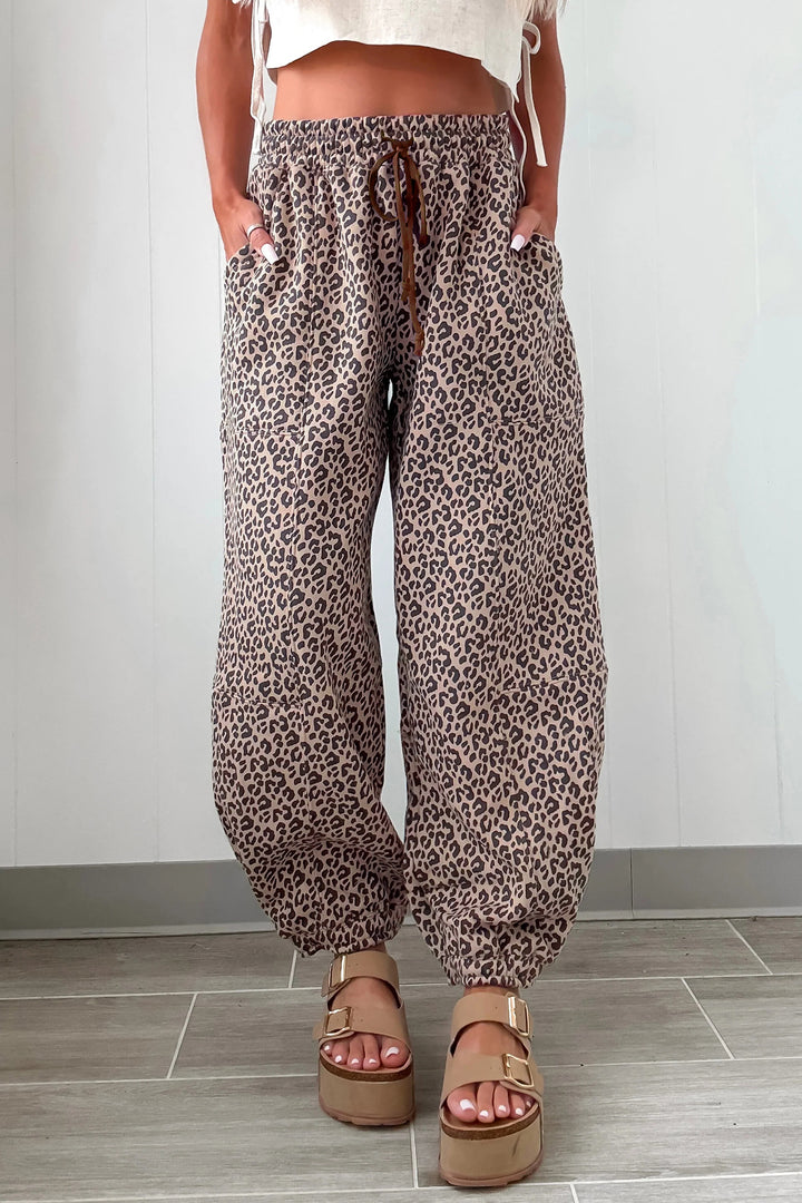 Khaki Leopard Print Elastic Waist Ankle Length Pants