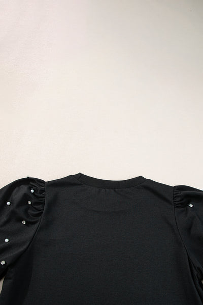 Black Rhinestone Pearl Puff Half Sleeve Top