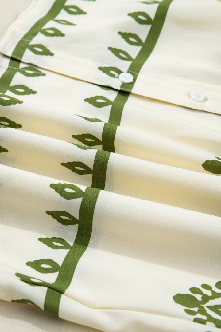 Apricot Floral Print Tie V Neck Button Down Puffy Half Sleeve Shirt