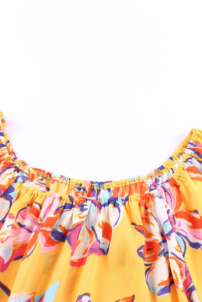 Yellow Floral Print Elastic Neckline Blouse