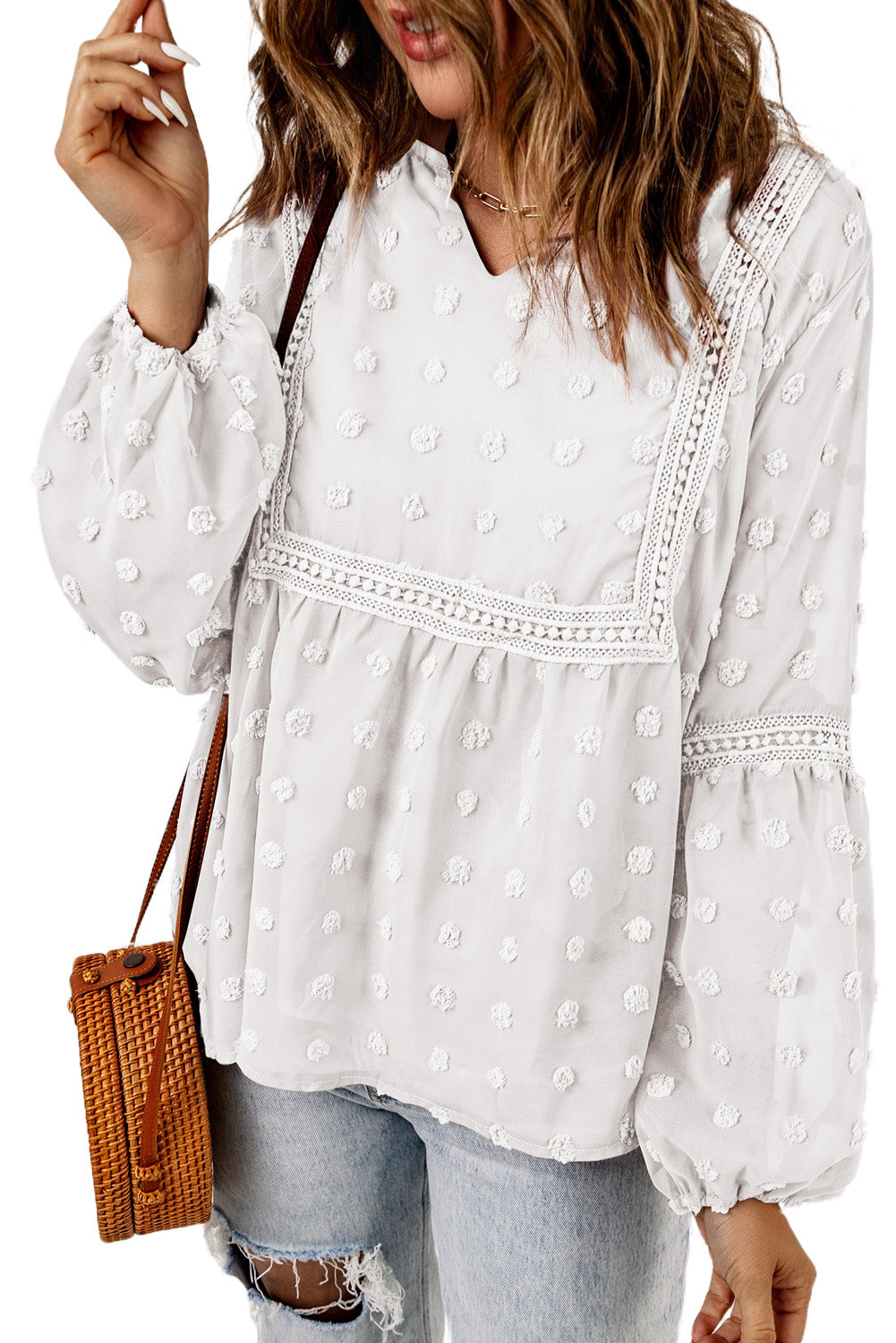 White Swiss Dot Split Neck Ruffle Babydoll Blouse