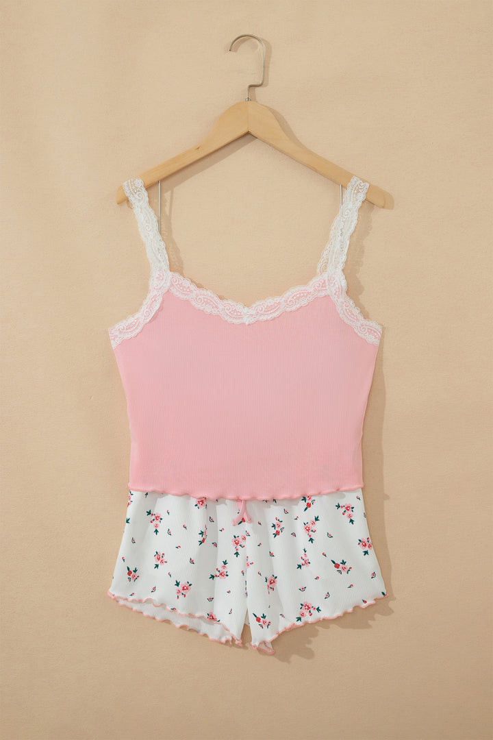Pink Ribbed Knit Lace Straps Patchwork Lettuce Hem Cropped Top Floral Short Lounge Set