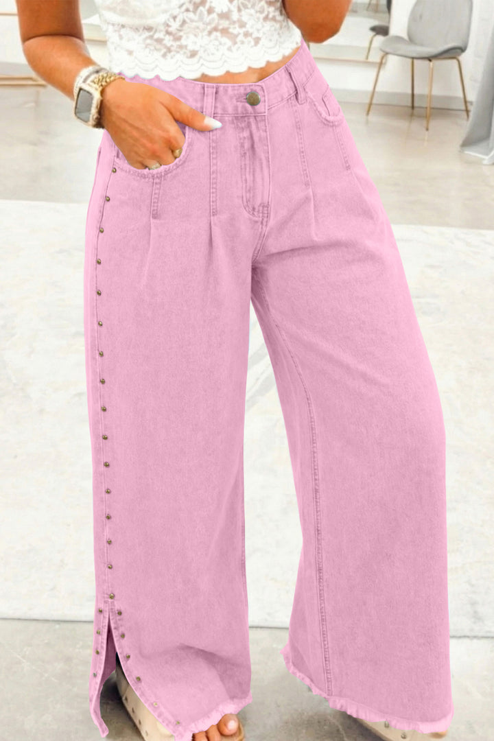 Pink Beaded Side Detail Split Loose Jeans