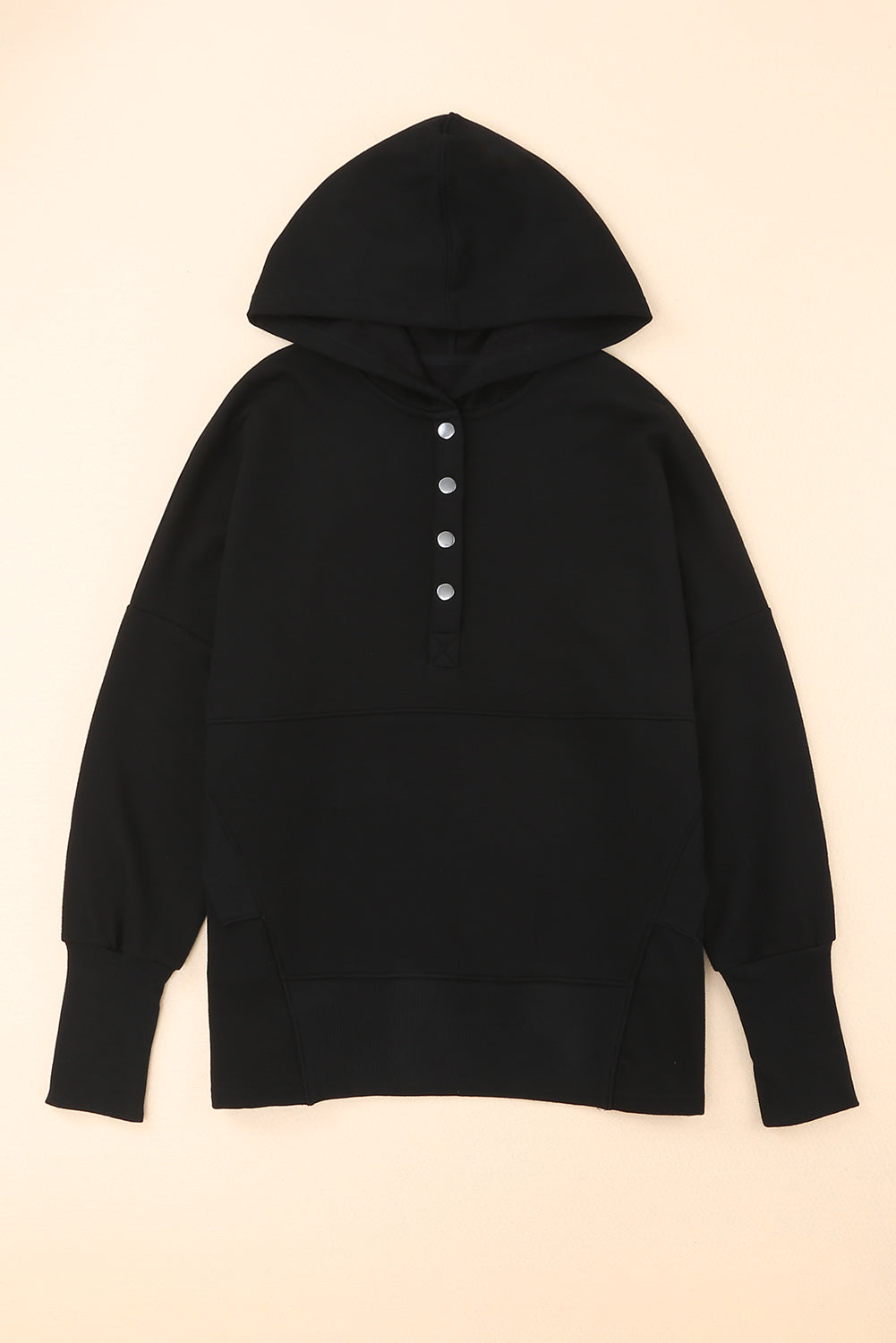 Black Batwing Sleeve Pocketed Henley Hoodie