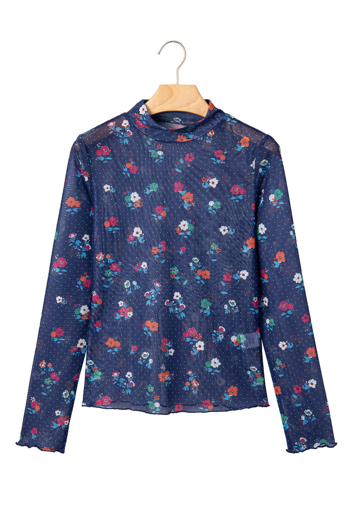 Blue Polka Dot Floral Mesh Long Sleeve High Neck Pullover Sheath Top