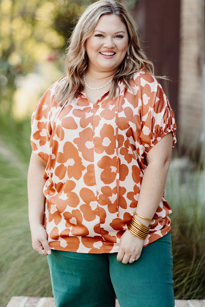 Orange Plus Size Floral Print Drawstring V Neck Short Sleeve Blouse