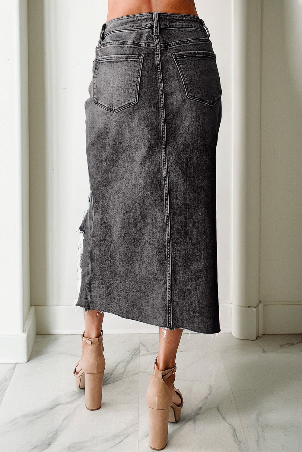 Sail Blue Dearlove Irregular Distressed Bottom Denim Midi Skirt