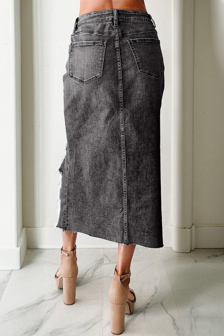 Sail Blue Dearlove Irregular Distressed Bottom Denim Midi Skirt