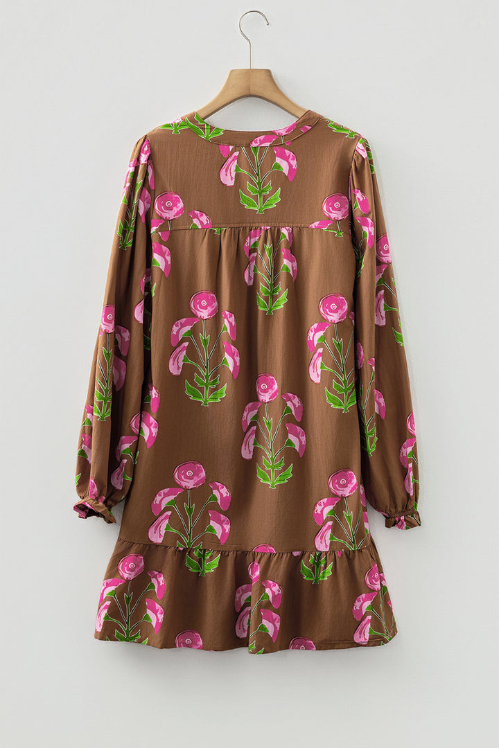Brown Contrast Floral Print Babydoll Tunic Ruffled Hem Puff Sleeve Dress