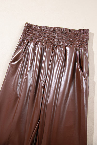 Brown Smocked High-Waist Leather Skinny Pants