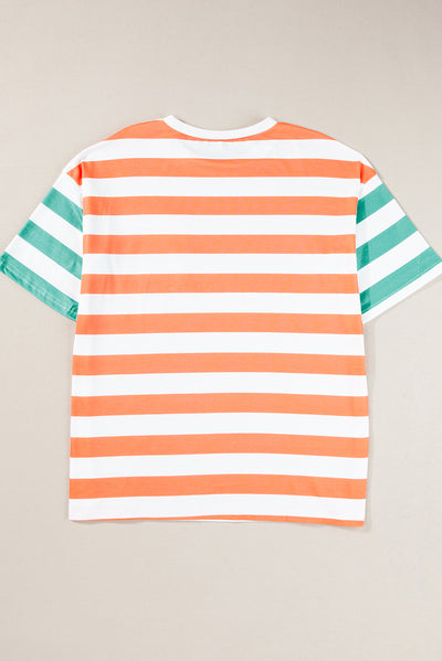 Orange Stripe Contrast Patch Pocket Drop Sleeve T Shirt