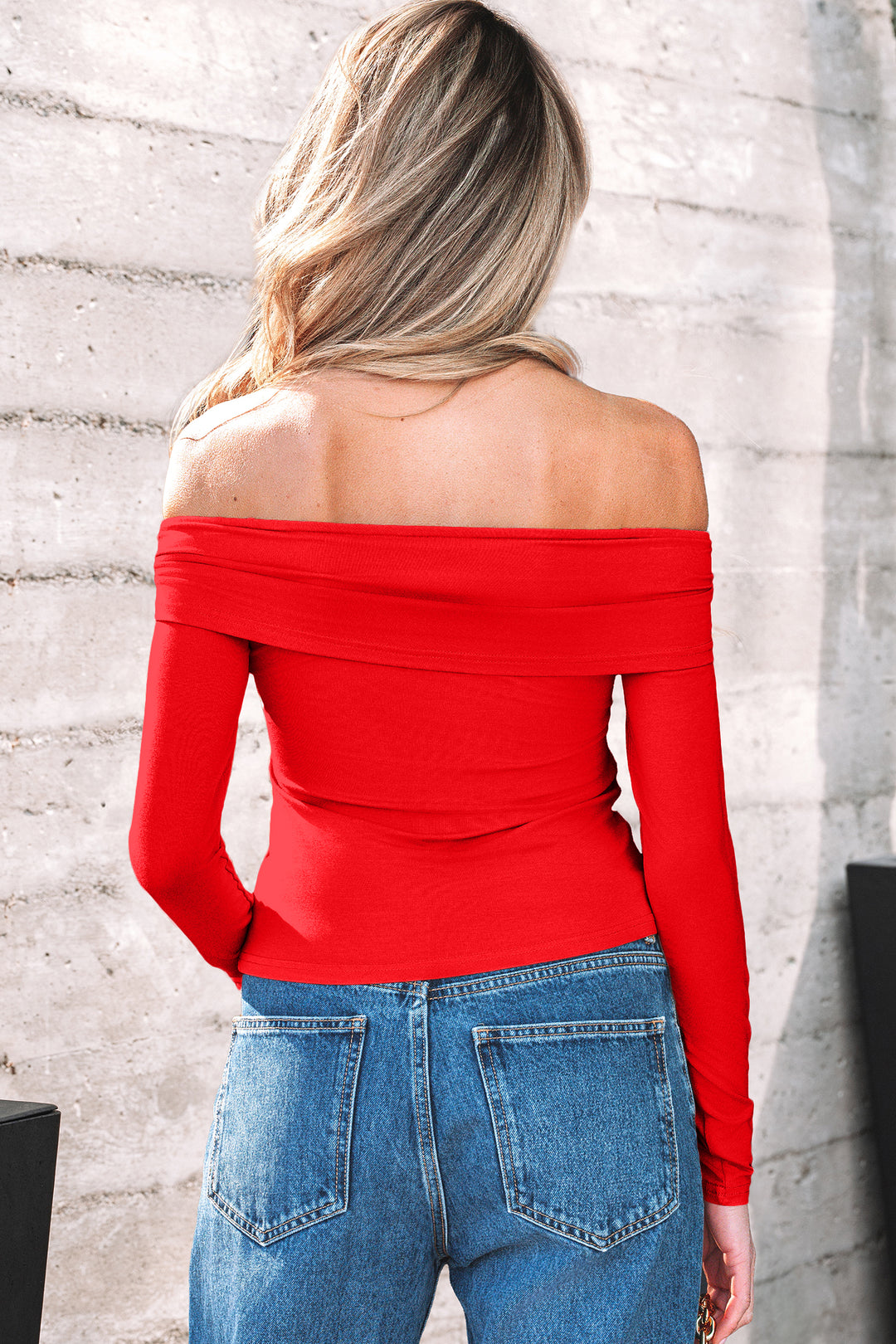 Fiery Red Foldover Off Shoulder Long Sleeve Slim Top