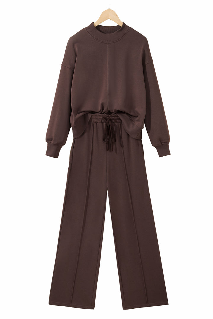 Coffee Solid Color Piping Trim Mock Neck Pullover Drawstring Pants Set