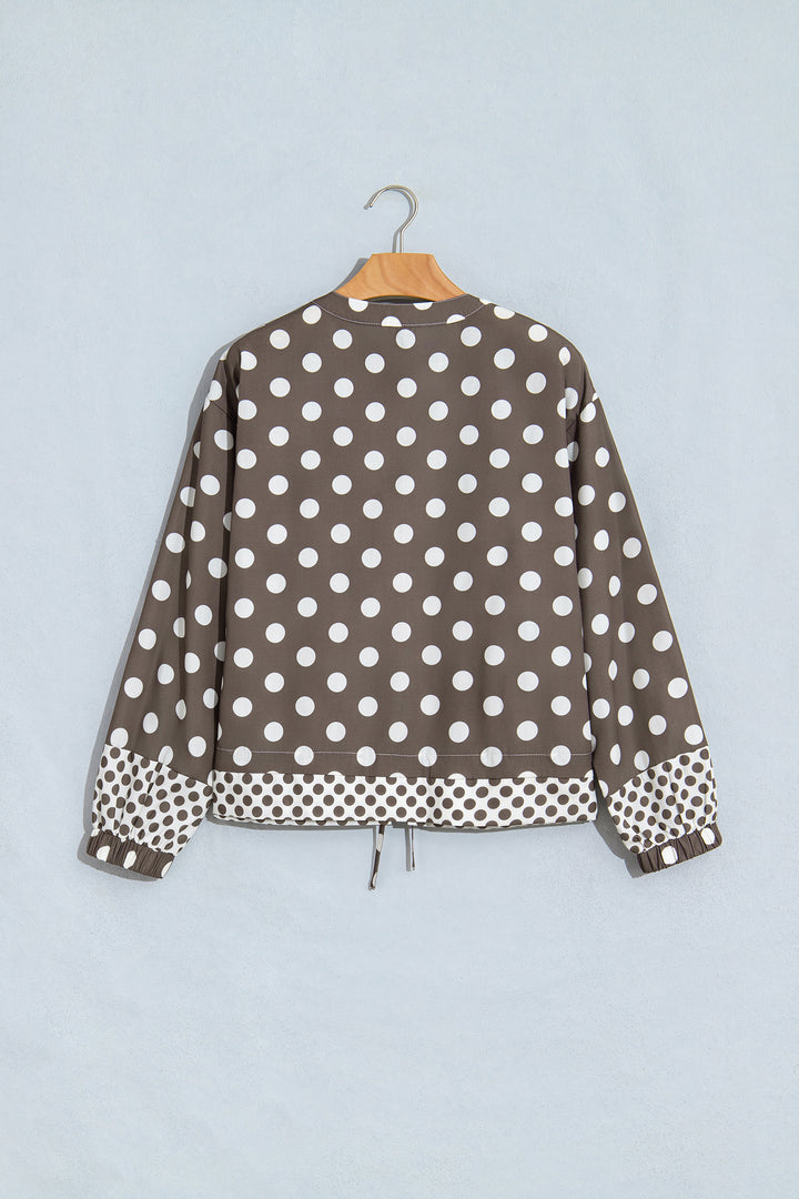 Brown Polka Dot Contrast Detail Zip-Up Long Sleeve Shacket