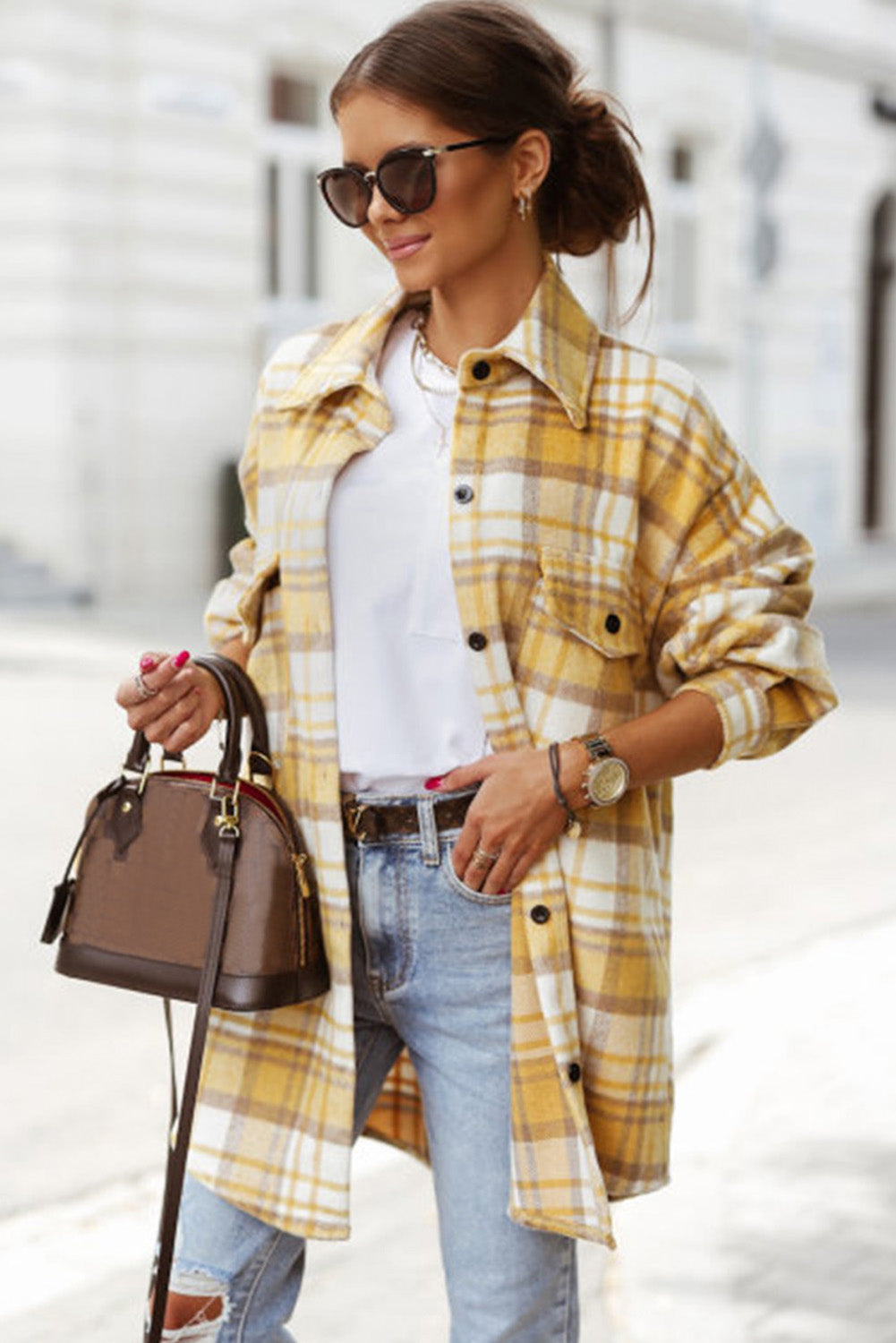 Plaid Flap Pocket Long Sleeve Shacket