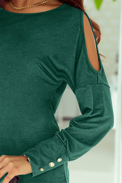 Green Asymmetrical Cut Out Buttoned Long Sleeve Top