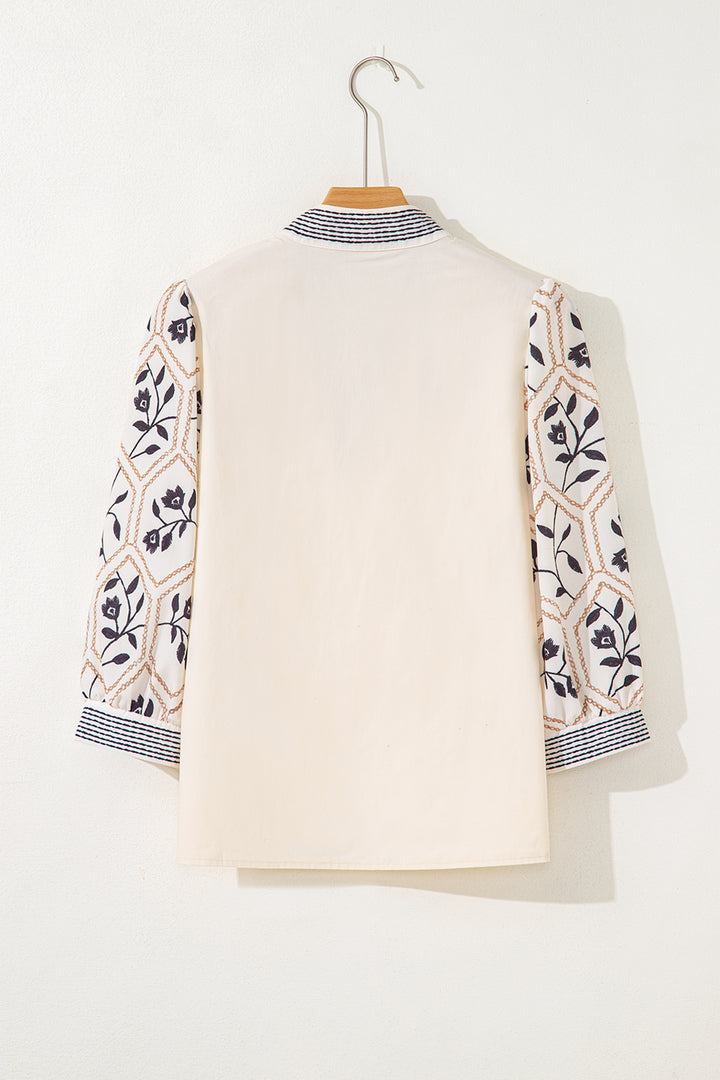 White Floral Puff Sleeve Contrast V Neck Patchwork Blouse