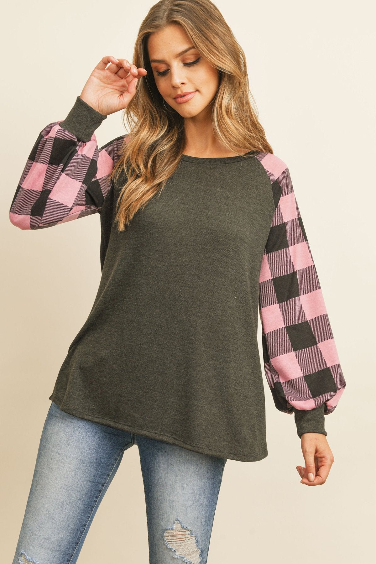 Plaid Puff Sleeved Round Neck Top