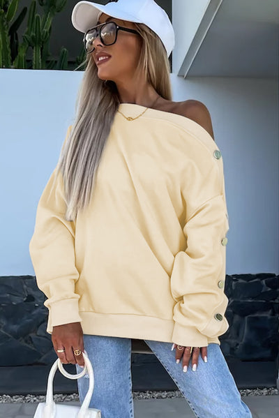 Beige Buttoned Sleeve Dropped Shoulder Sweatshirt