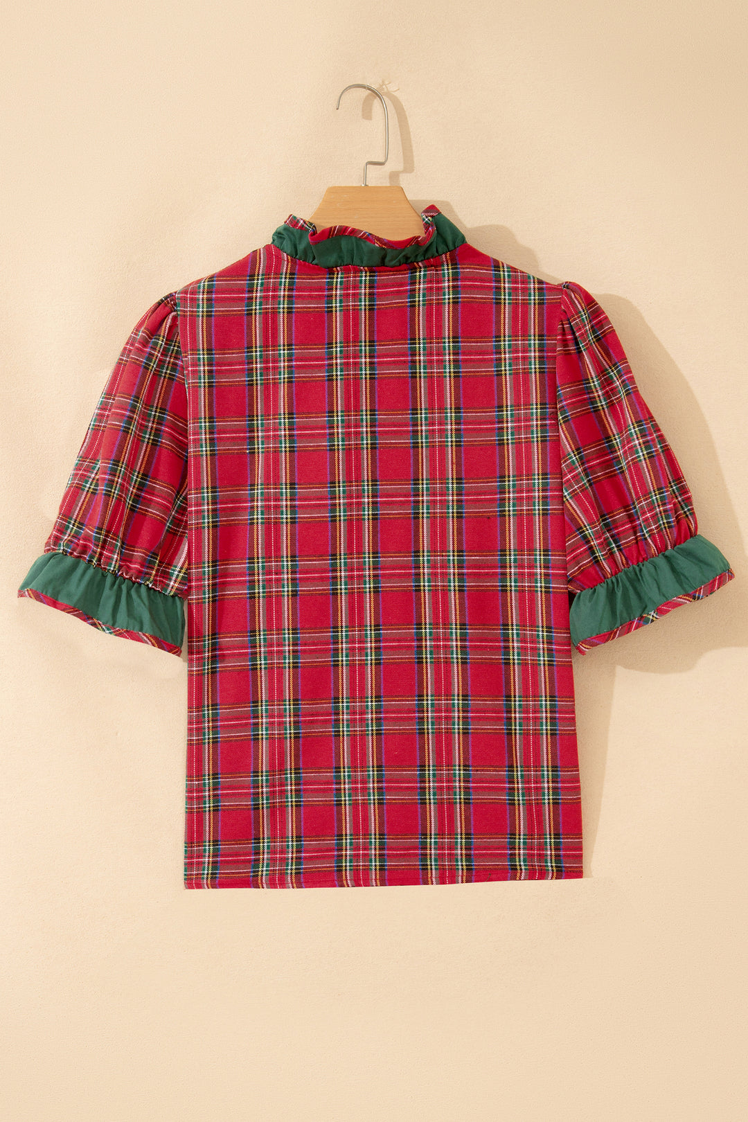 Red Plaid V Neck Ruffle Color Block Trim Short Sleeve Shirt