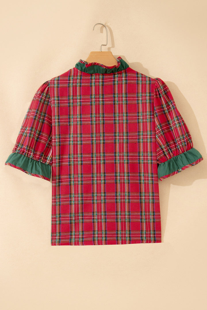 Red Plaid V Neck Ruffle Color Block Trim Short Sleeve Shirt