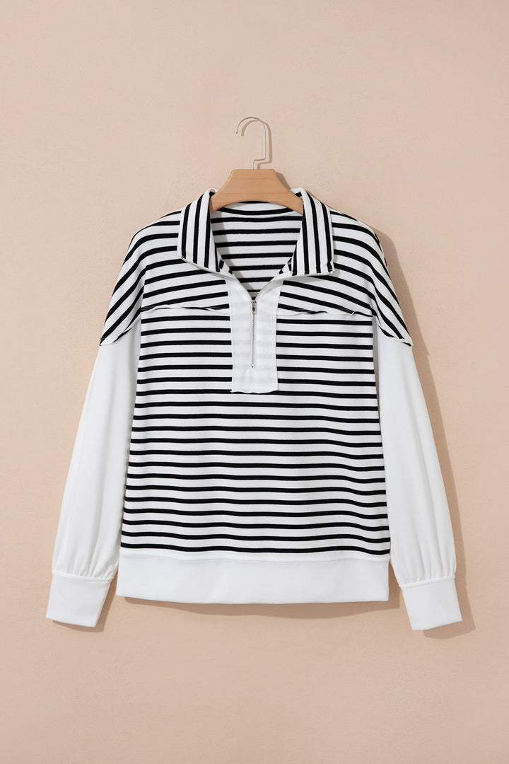 White Stripe Color Block Long Puff Sleeve Metal Zip-Up Collar Top