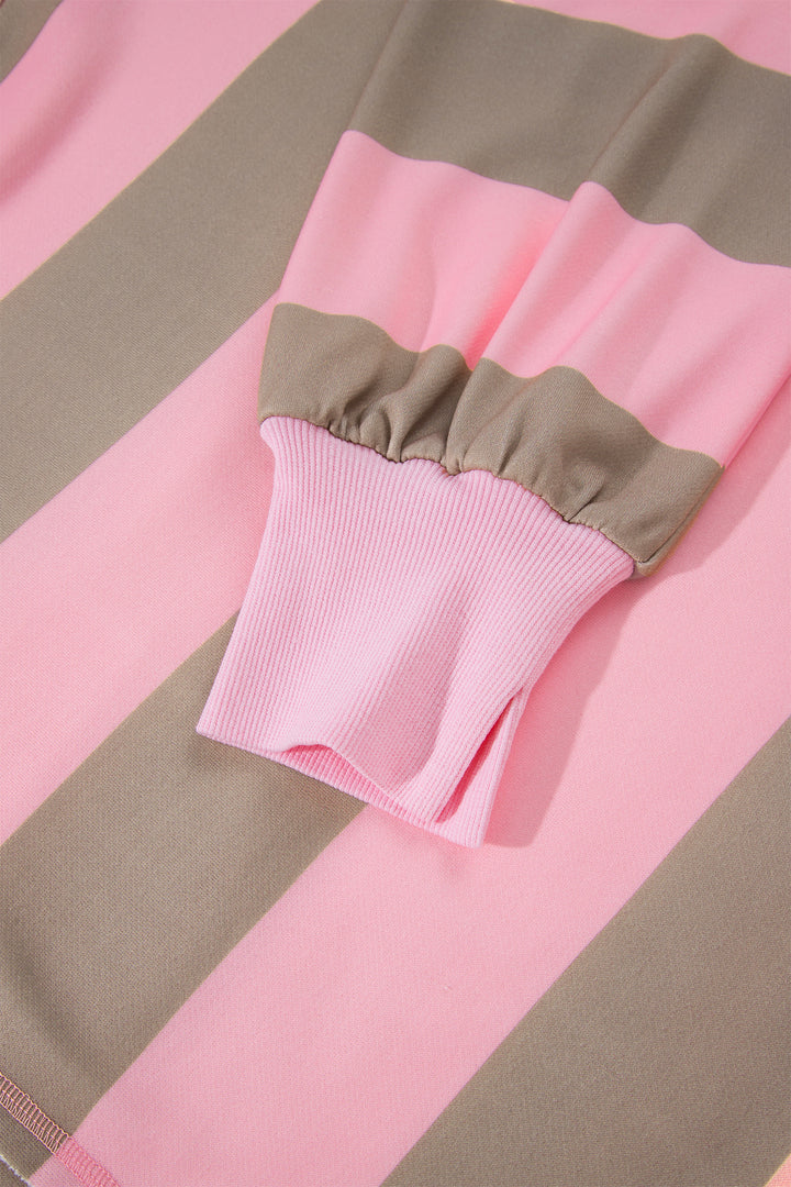 Pink Stripe Striped Colorblock Patch Pocket Split Hem Oversized Long Sleeve Sweatshirt