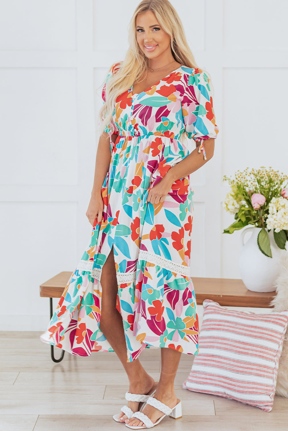 Sky Floral Knot Puff Sleeve Buttoned Front Maxi Dress