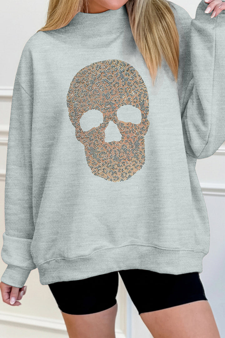 Gray Halloween Rhinestone Skull Graphic Mock Neck Baggy Pullover Sweatshirt