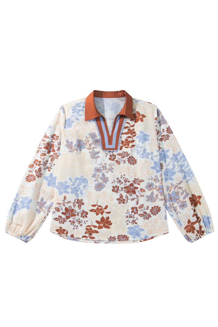 White Plus Size Floral Print Contrast Collar V Neck Long Sleeve Blouse