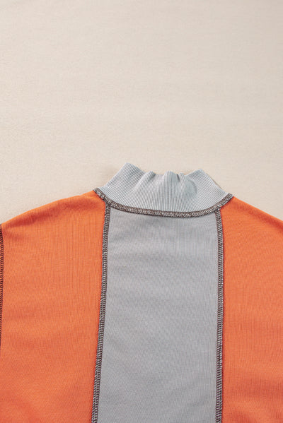 Light Grey Color Block Stitching Detail Half Zipper Sweatshirt