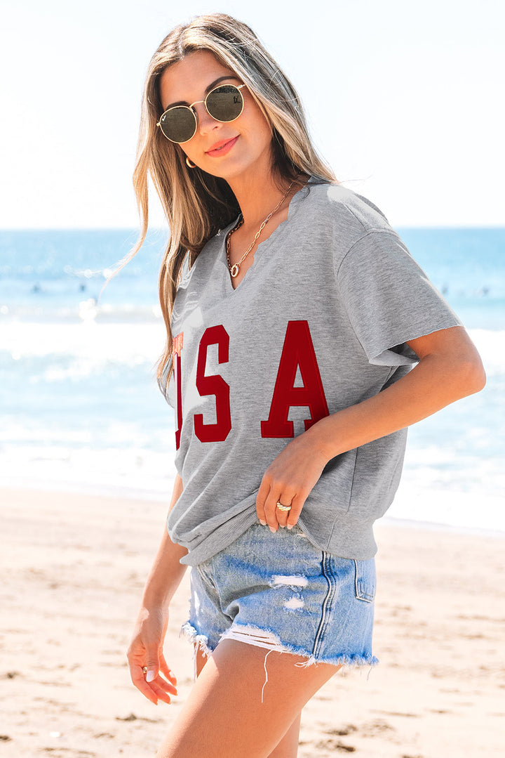 USA Patch Notched Neck Loose Tee