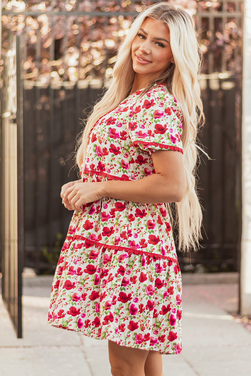 Ruby Floral Puff Sleeve Tiered Ric Rac Pocketed Mini Dress
