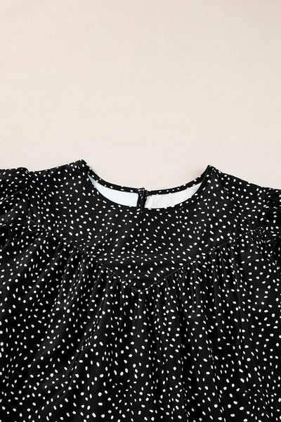 Black Dotted Ruffle Sleeve Crew Neck Ruched Blouse