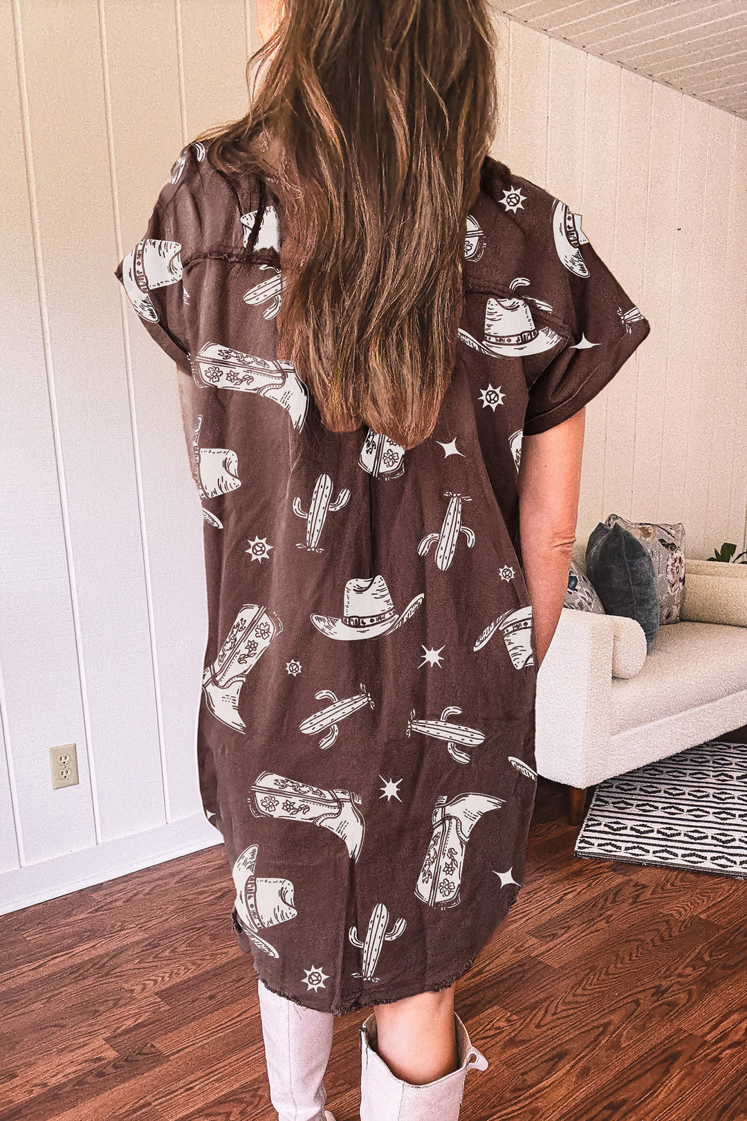 Brown Cowgirl Hats Boots Cactus Print Raw Edge Button Down Short Denim Dress
