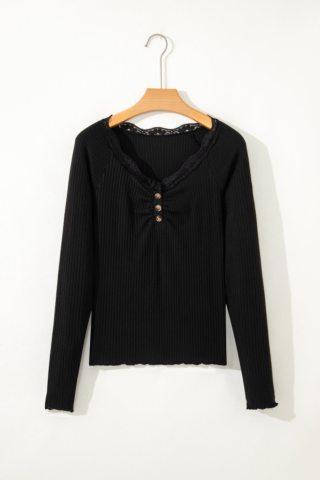 Black Lace Neckline Button Decor Lettuce Edge Long Sleeve Ribbed Top