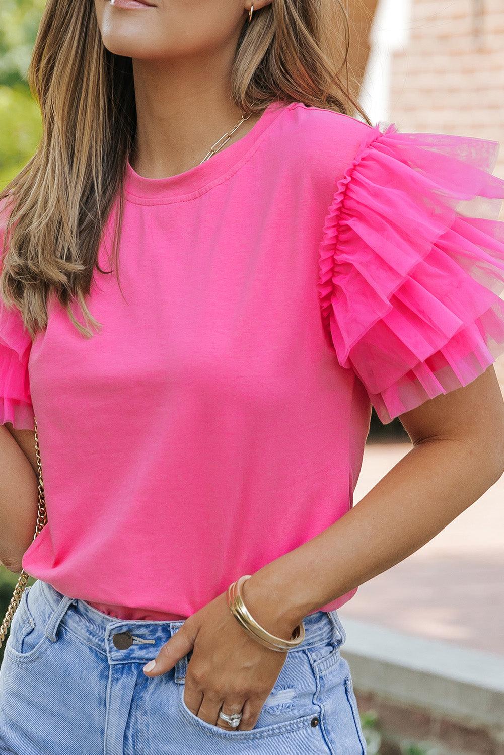 Pink Tulle Ruffle Sleeve Blouse