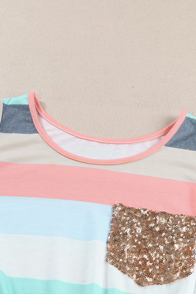 Multicolor Sequin Pocket Patchwork Striped Tank Top