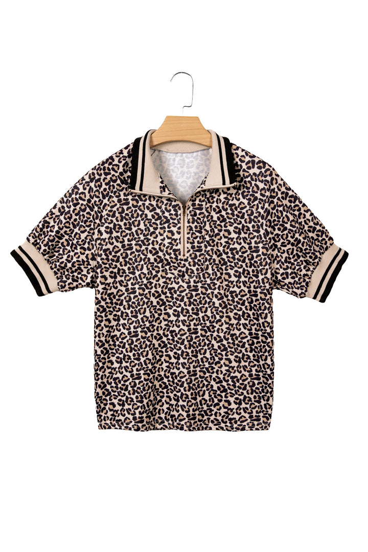 Brown Leopard Print Half Zip Striped Trim Patchwork Short Sleeve Top
