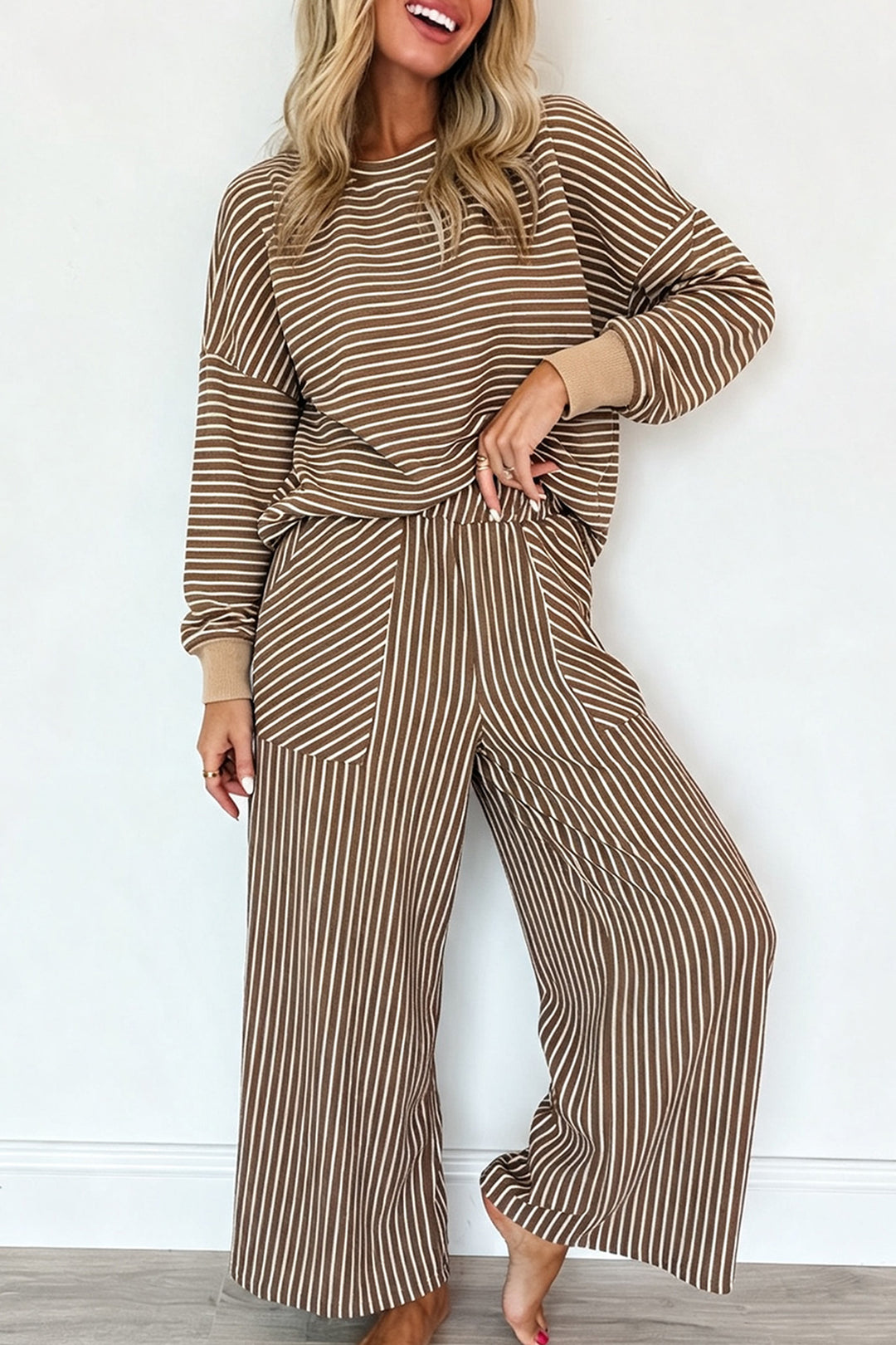 Black Stripe Drop Shoulder Relaxed Pullover Casual Pants 2pcs Set